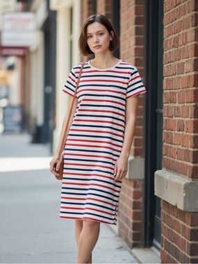 GAP women’s Short Sleeve Striped Knit Dress - Pink, Navy & White